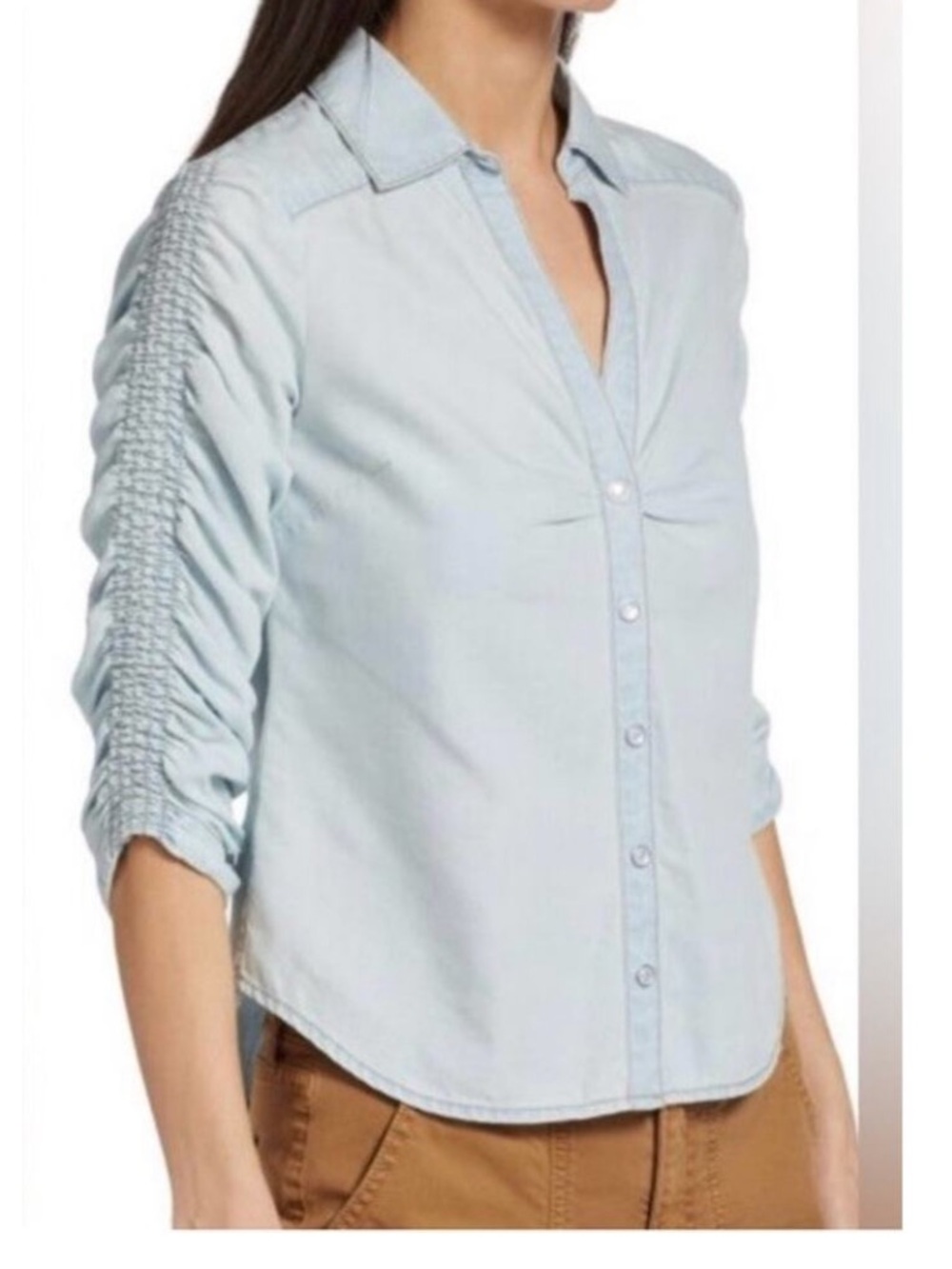 Veronica Beard Light Blue Ruched-Sleeve Button-Down Shirt